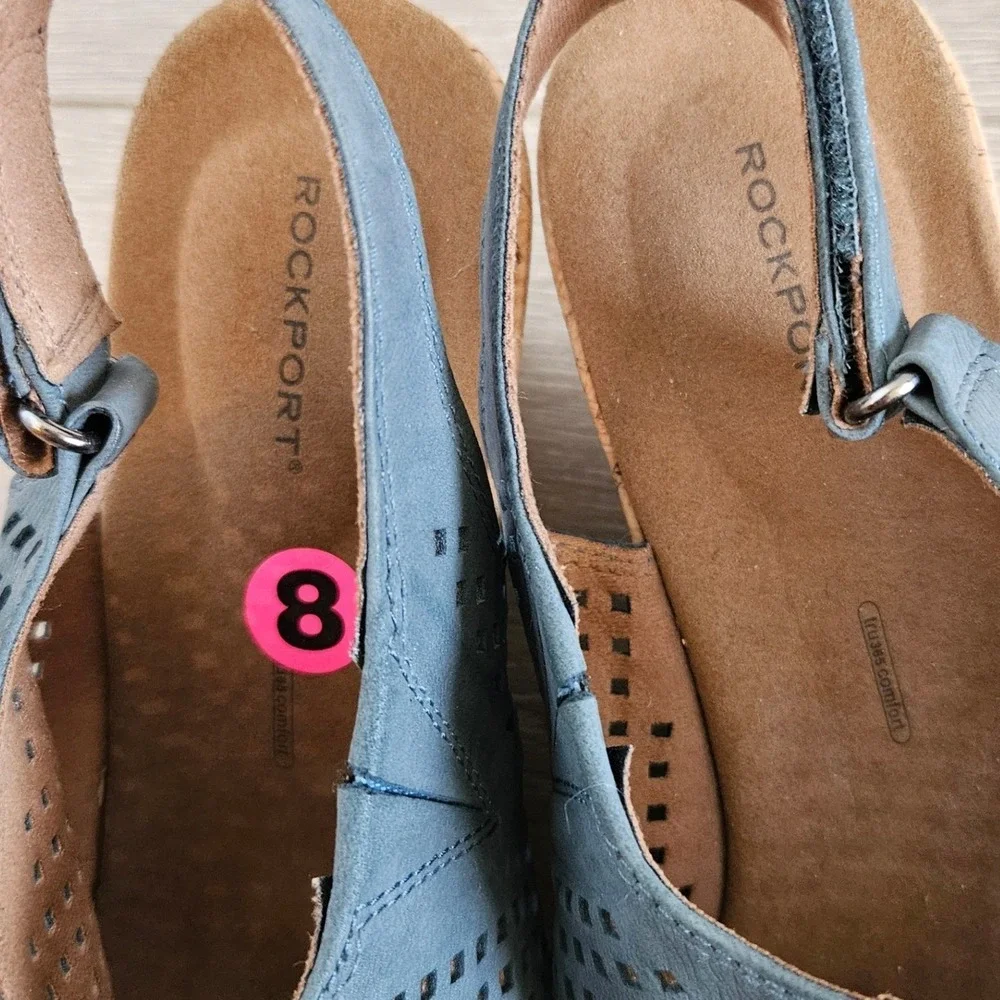 Rockport Briah Perf Sling Wedge Sandals Blue Leather Laser Cut V83016 Womens 8W